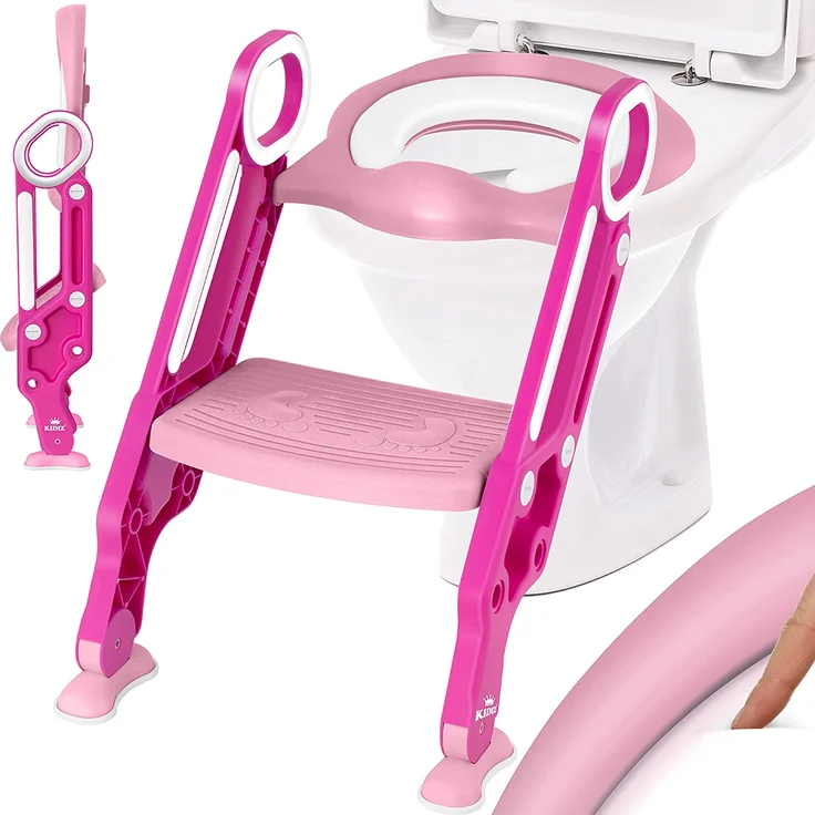 KIDIZ® Kinder Toilettensitz Toilettentrainer mit Treppe und Griffe Faltbar Kindertoilette WC Sitz Töpfchentrainer Lerntöpfchen bequemem Kissen und breiten Stufen Toilettentreppe höhenverstellbar Pink – Bild 1