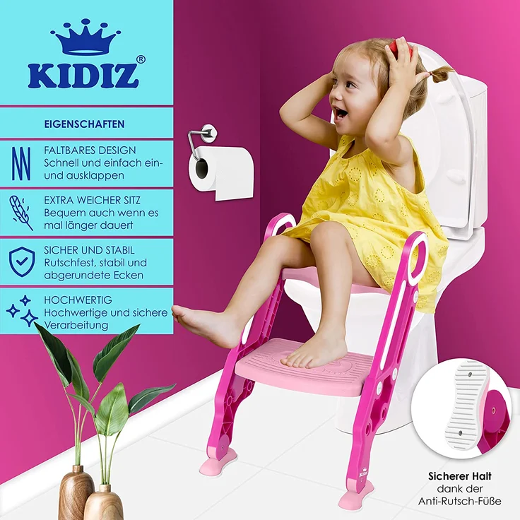 KIDIZ® Kinder Toilettensitz Toilettentrainer mit Treppe und Griffe Faltbar Kindertoilette WC Sitz Töpfchentrainer Lerntöpfchen bequemem Kissen und breiten Stufen Toilettentreppe höhenverstellbar Pink – Bild 2