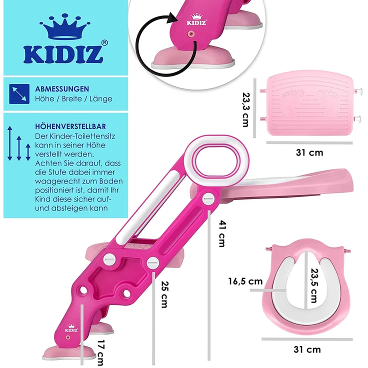 KIDIZ® Kinder Toilettensitz Toilettentrainer mit Treppe und Griffe Faltbar Kindertoilette WC Sitz Töpfchentrainer Lerntöpfchen bequemem Kissen und breiten Stufen Toilettentreppe höhenverstellbar Pink – Bild 7