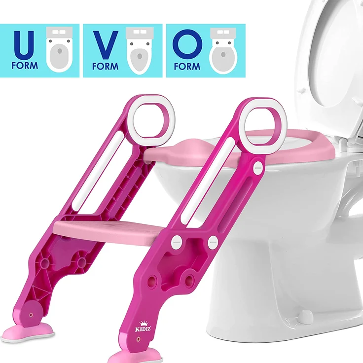 KIDIZ® Kinder Toilettensitz Toilettentrainer mit Treppe und Griffe Faltbar Kindertoilette WC Sitz Töpfchentrainer Lerntöpfchen bequemem Kissen und breiten Stufen Toilettentreppe höhenverstellbar Pink – Bild 3