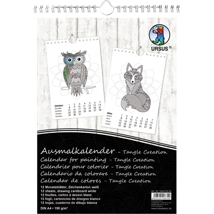 Ursus 24900000 - Ausmalkalender A4, Tangle, Tiermotive, 12 Blatt