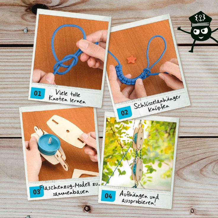 KOSMOS AllesKönnerKiste Knoten Abenteuer-Box. DIY-Bastelset für Jungen und Mädchen ab 8 Jahren, das Geschenk-Set für den Kindergeburtstag, mit Flaschenzug-Modell und Anleitungen für viele Knoten – Bild 7