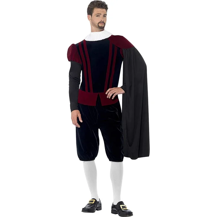 Smiffys 43418L - Tudor Herr Deluxe Kostüm mit Top-Hose Cape und Ausschnitt mit Rüschen