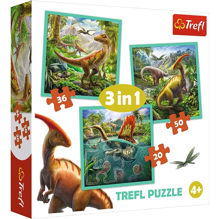 Trefl, Puzzle, Die außergewöhnliche Welt der Dinosaurier, von 20 bis 50 Teilen, 3 Sets, für Kinder ab 4 Jahren