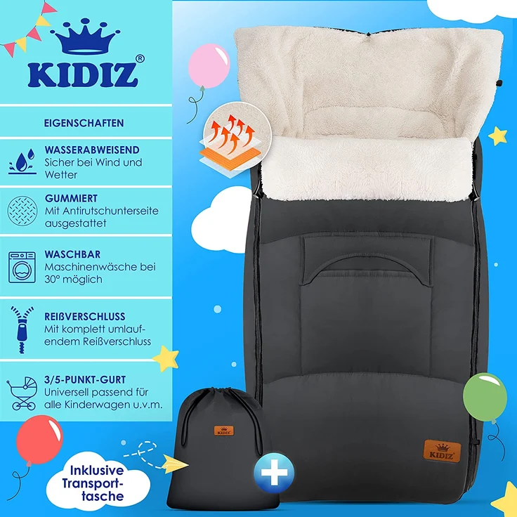 KIDIZ® Babyfußsack Baby Fußsack Winterfußsack Babyschale mit Reißverschluss Kuschelsack Babydecke Kinderwagen waschbar verschließbarer Kopfteil ,Tasche, passend für alle Kinderwagen Grau - Preisvergleich – Bild 2