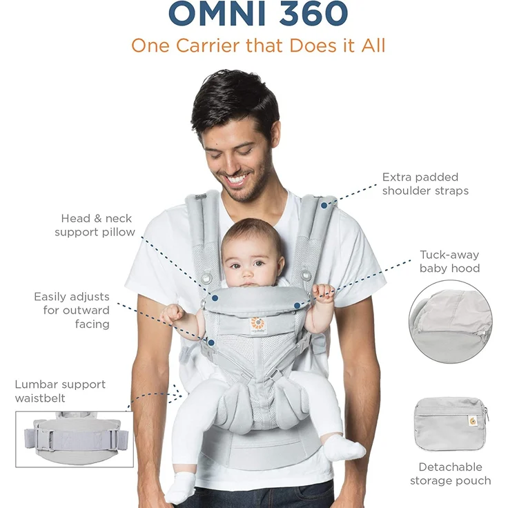 Ergobaby Babytrage für Neugeborene ab Geburt, Baby Tragesystem Omni 360 Cool Air Mesh, Baby-Tragetasche Bauchtrage Rückentrage, Midnight Blau – Bild 4