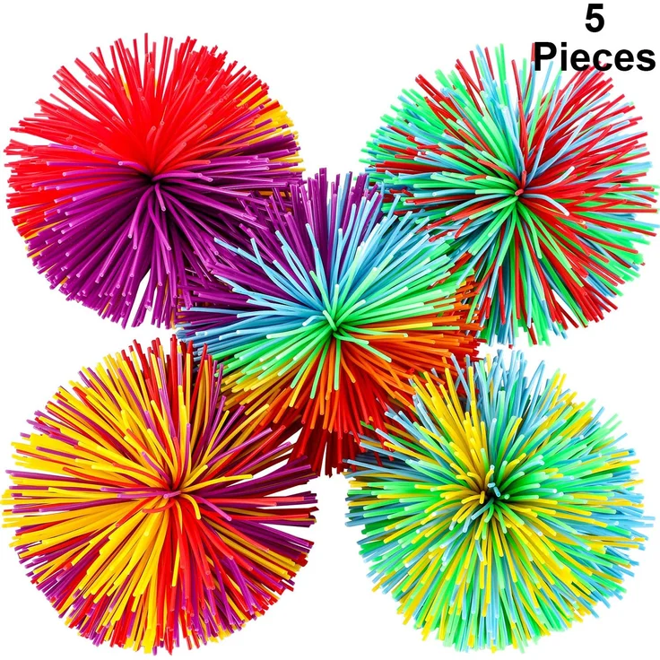 5 Stücke AFFE Stringy Balls Sensory Fidget Stringy Balls Weiche Regenbogen Pom Bouncy Stress Balls mit Aufbewahrungstasche, Mehrfarbig (5 Stücke) – Bild 1