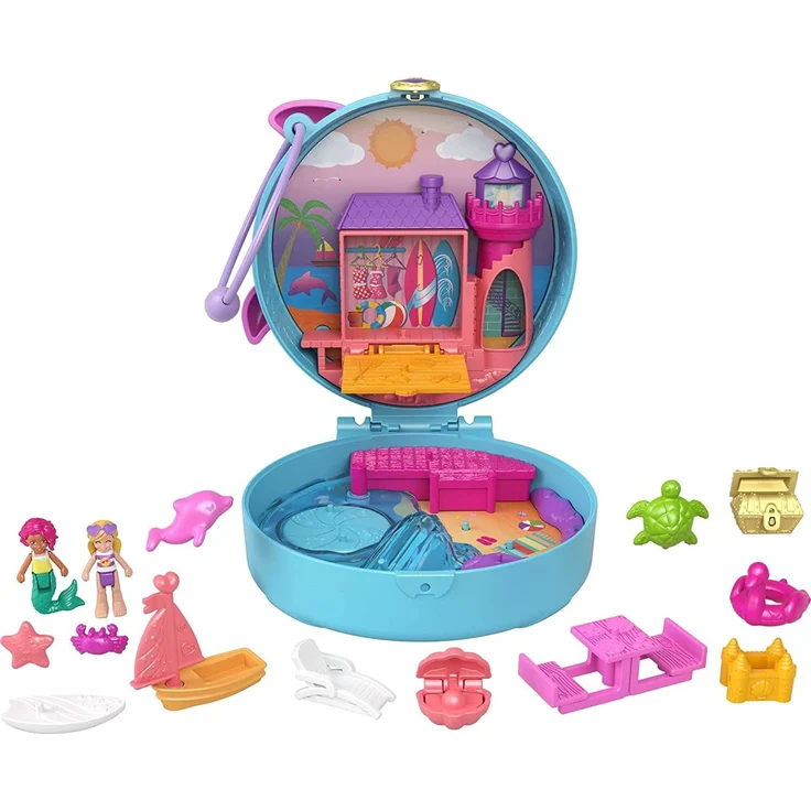 Polly Pocket GTN20 - Delfinstrand Schatulle, 2 kleine Puppen, 5 Überraschungen, 13 Zubehörteile, Pop + Swap-Funktion, Spielzeug ab 4 Jahren – Bild 1
