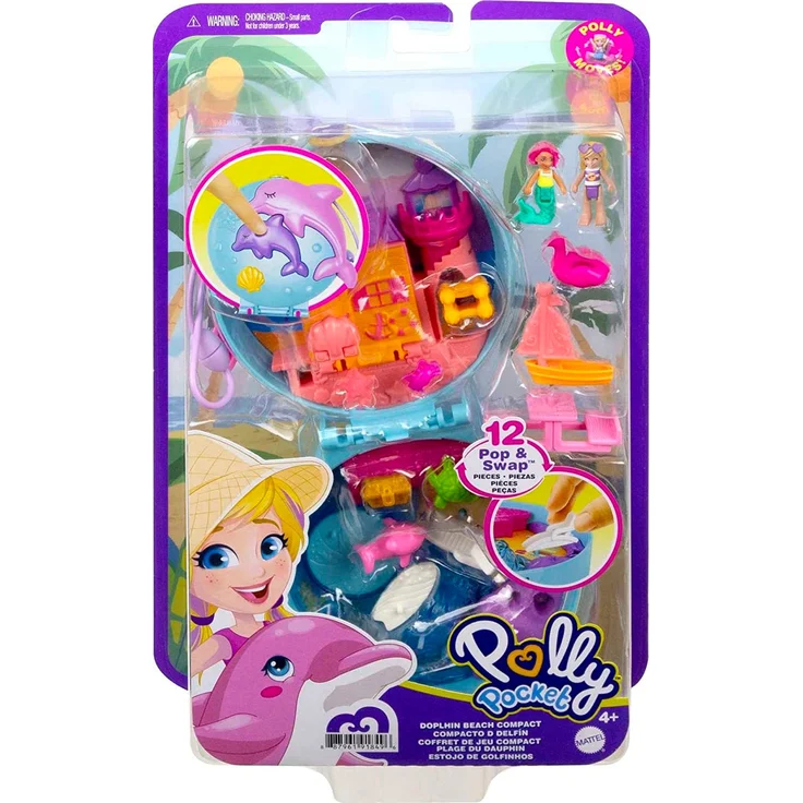Polly Pocket GTN20 - Delfinstrand Schatulle, 2 kleine Puppen, 5 Überraschungen, 13 Zubehörteile, Pop + Swap-Funktion, Spielzeug ab 4 Jahren – Bild 6