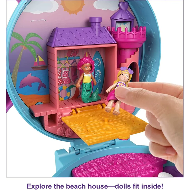 Polly Pocket GTN20 - Delfinstrand Schatulle, 2 kleine Puppen, 5 Überraschungen, 13 Zubehörteile, Pop + Swap-Funktion, Spielzeug ab 4 Jahren – Bild 3