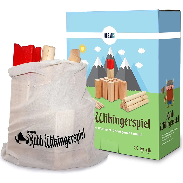 Ocean 5 Kubb - Original Wikinger Spiel | Premium FSC® Holzspiel im Stoffbeutel mit massiven Figuren | Schwedenschach Holz Outdoor Spiel Wurf Schach Spiele | Kubb Spiel für Kinder und Erwachsene | – Bild 2