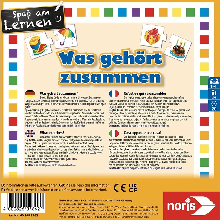 Noris 608985662 Was gehört zusammen, das beliebte Kinderspiel für Groß und Klein-Reise-und Mitbringspiel, ab 3 Jahren – Bild 2