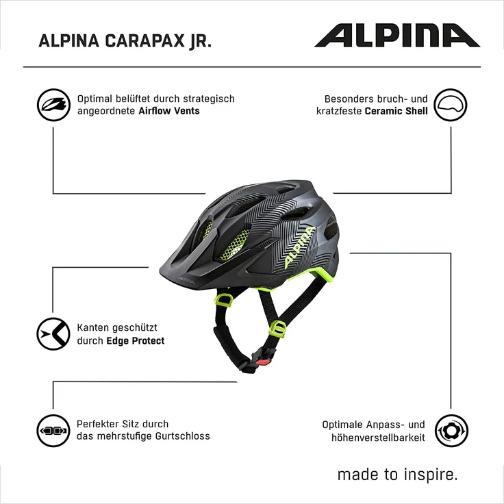 Alpina Junior Carapax Black - Neon Yellow, Größe 51 - 56 cm - Fahrradhelm, Farbe Schwarz – Bild 5