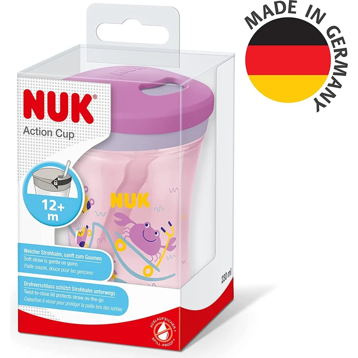 NUK Action Cup Trinkbecher Kinder | 12+ Monate | 230 ml | Drehdeckel mit weichem Strohhalm | auslaufsicher | BPA-frei | lila Krabbe – Bild 7