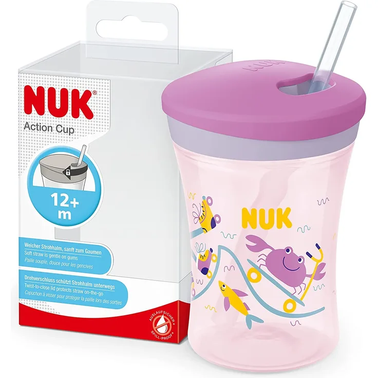 NUK Action Cup Trinkbecher Kinder | 12+ Monate | 230 ml | Drehdeckel mit weichem Strohhalm | auslaufsicher | BPA-frei | lila Krabbe