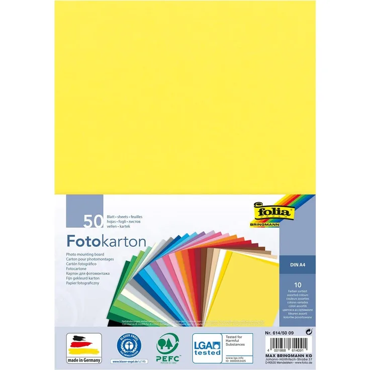 folia 614/50 09 - Fotokarton Mix, DIN A4, 300 g/m², 50 Blatt, sortiert in 10 Farben, zum Basteln und kreativen Gestalten von Karten, Fensterbildern und für Scrapbooking