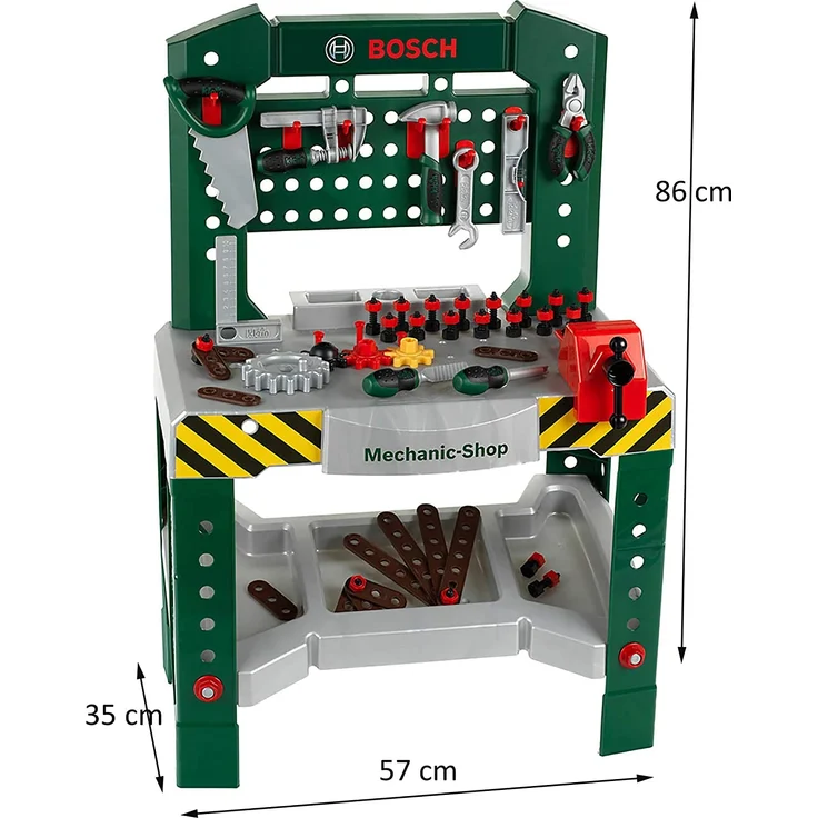 Theo Klein 8574 Bosch Werkbank 77-teilig I Mit Schraubendreher und -schlüssel, Zange, Hammer und vielem mehr I Arbeitsplatte mit Lernfunktion I Maße: 57 cm x 35 cm x 86 cm – Bild 3