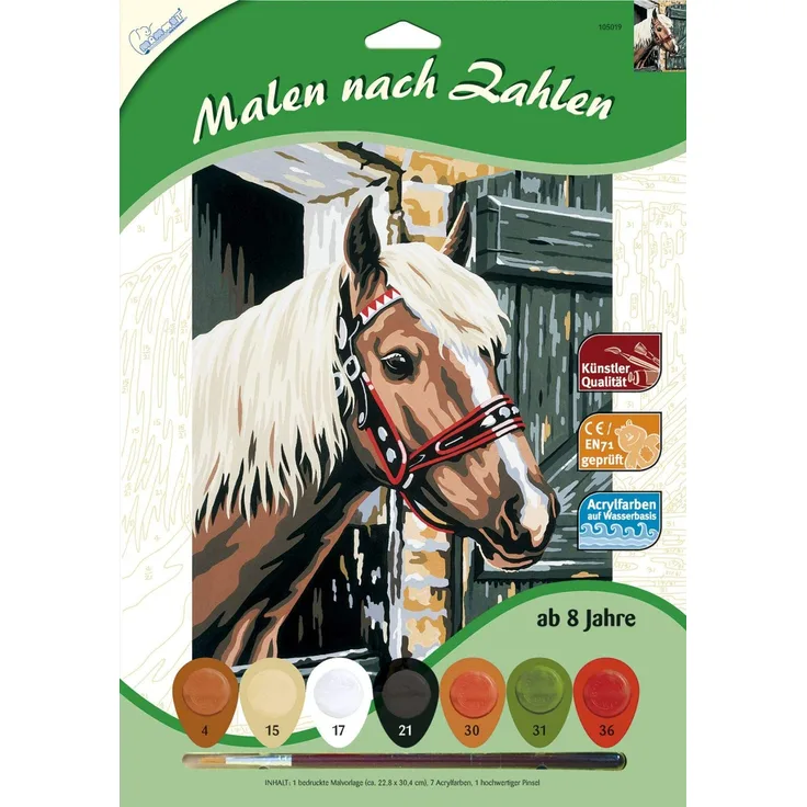 MAMMUT 105019 - Malen nach Zahlen Tiermotiv, Pferd im Stall, Komplettset mit bedruckter Malvorlage im A4 Format, 7 Acrylfarben und Pinsel, Malset für Kinder ab 8 Jahre