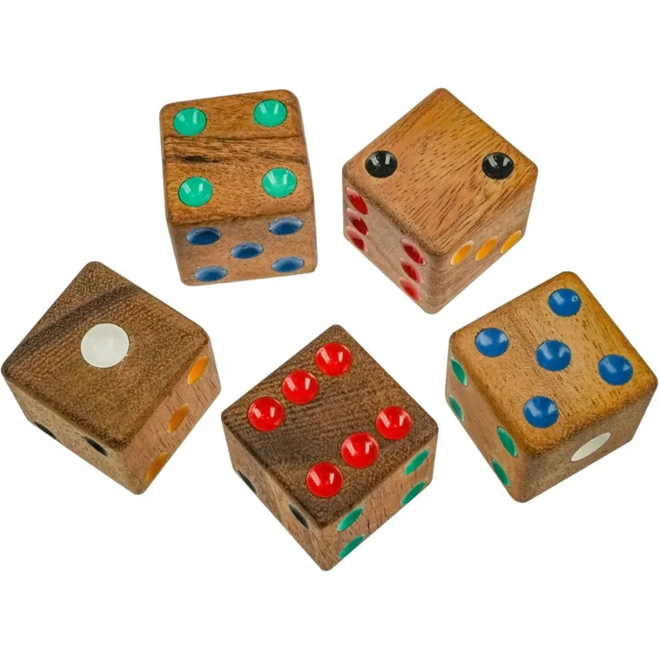 5 Spielwürfel im Set - Würfel 4 cm Kantenlänge aus Holz mit farbigen Punkten