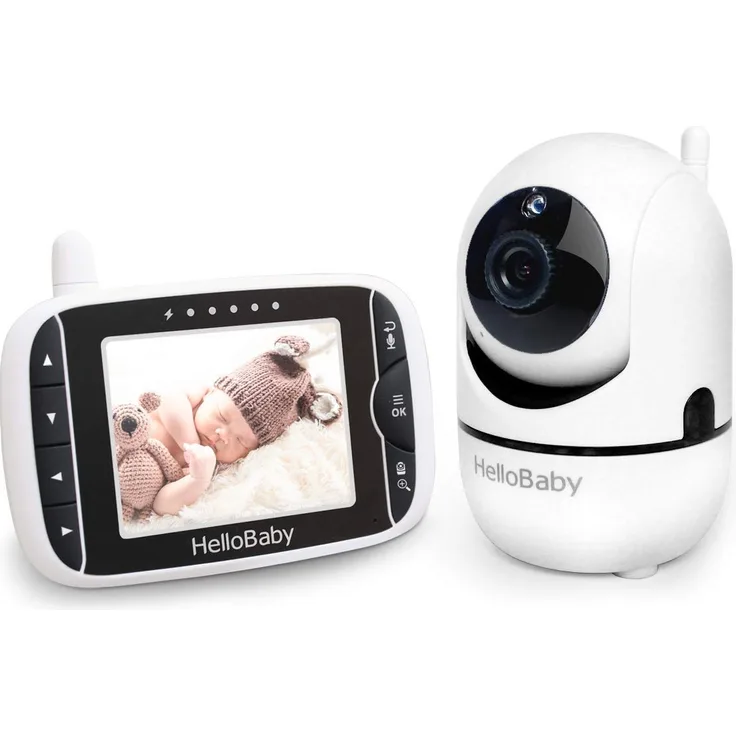 HelloBaby Babyphone mit Kamera Ferngesteuerter Pan-Tilt-Zoom und 3. 2-Zoll-LCD-Bildschirm Infrarot-Nachtsicht Temperaturanzeige Schlaflieder Zwei-Wege-Audio mit Wandhalterung, Black