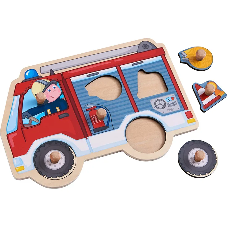 HABA 304594 - Greifpuzzle Feuerwehrauto, 6-teiliges Holzpuzzle mit Feuerwehrwagen und großen, griffigen Holzknöpfen, Holzspielzeug ab 12 Monaten