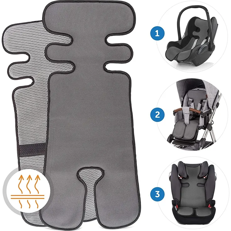 Atmungsaktive Sommer Sitzeinlage, Sitzauflage für Kinderwagen, Buggy und Kindersitz - Kühlt und schützt den Sitzbezug vor Flecken - Grau