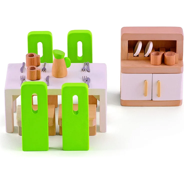 Hape E3454 Esszimmer, grüne Stühle/weißer Tisch/schrank mit weißen Türen – Bild 1