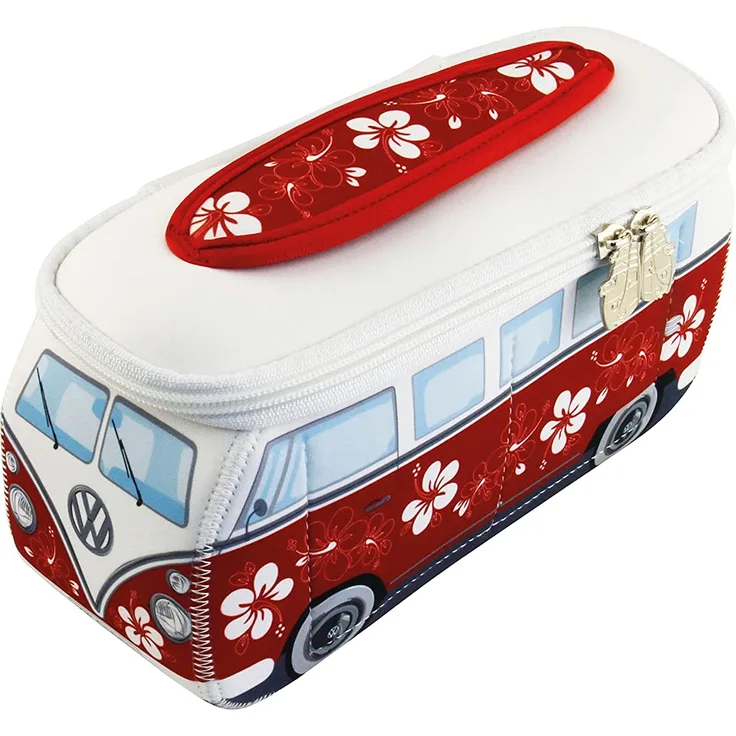 BRISA VW Collection - Volkswagen Neopren Universal-Schmink-Kosmetik-Kultur-Reise-Apotheke-Tasche-Mäppchen-Beutel T1 Bulli Bus (Hibiskus/Rot/Klein)