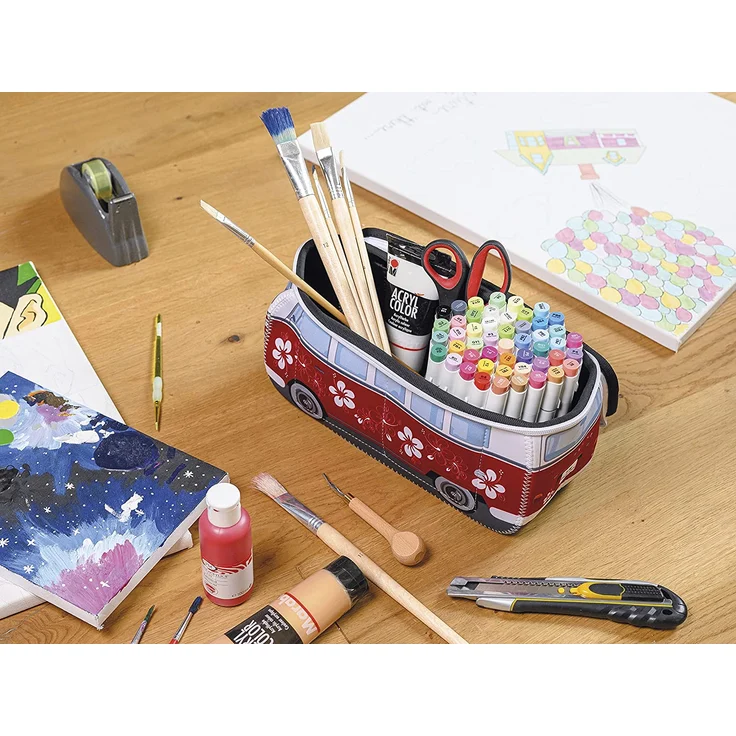 BRISA VW Collection - Volkswagen Neopren Universal-Schmink-Kosmetik-Kultur-Reise-Apotheke-Tasche-Mäppchen-Beutel T1 Bulli Bus (Hibiskus/Rot/Klein) – Bild 4