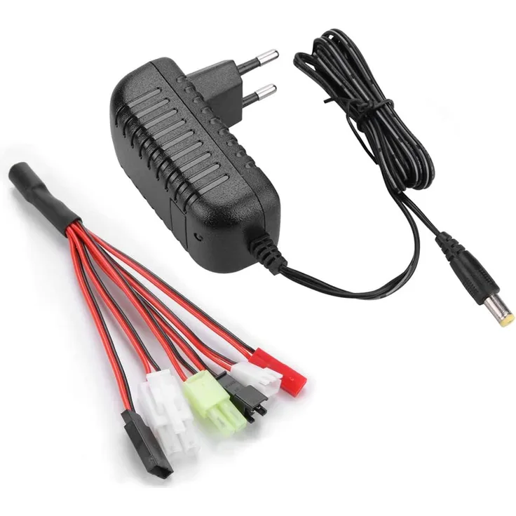 Airsoft Ladegerät für 2-10s NIMH/NICD Akkus von RC-Auto/RC-Boot/RC-Flugzeug/Drohne/Airsoft/Modellbau, Intelligentes RC Ladegerät mit 6 Universaladapter(Tamiya/Mini Tamiya/SM 2P/JST/FUTABA/Huanqi)