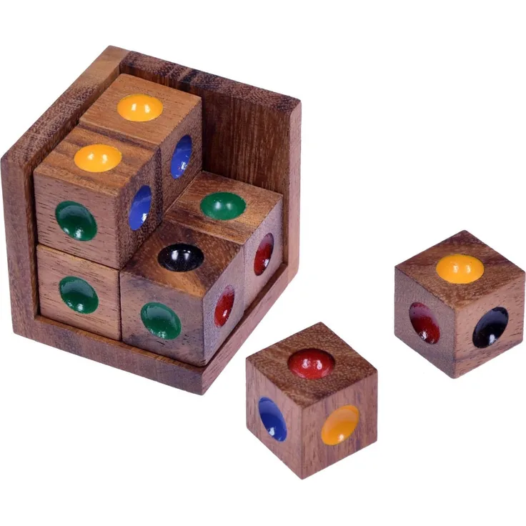 Crazy Six - 3D Puzzle mit 8 farbigen Würfeln in einem Rahmen aus Holz
