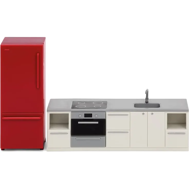 Lundby DIY Puppenhaus Puppenküche Zubehör Set 2-teilig, Miniatur Kühlschrank und Küchenzeile mit Elektrogeräten für Miniatur Haus – 1:18 Miniatur Küche Puppenzubehör Set für 11 cm Puppen