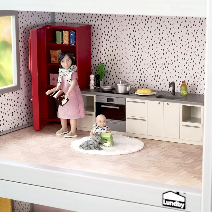 Lundby DIY Puppenhaus Puppenküche Zubehör Set 2-teilig, Miniatur Kühlschrank und Küchenzeile mit Elektrogeräten für Miniatur Haus – 1:18 Miniatur Küche Puppenzubehör Set für 11 cm Puppen – Bild 3