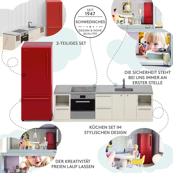 Lundby DIY Puppenhaus Puppenküche Zubehör Set 2-teilig, Miniatur Kühlschrank und Küchenzeile mit Elektrogeräten für Miniatur Haus – 1:18 Miniatur Küche Puppenzubehör Set für 11 cm Puppen – Bild 2
