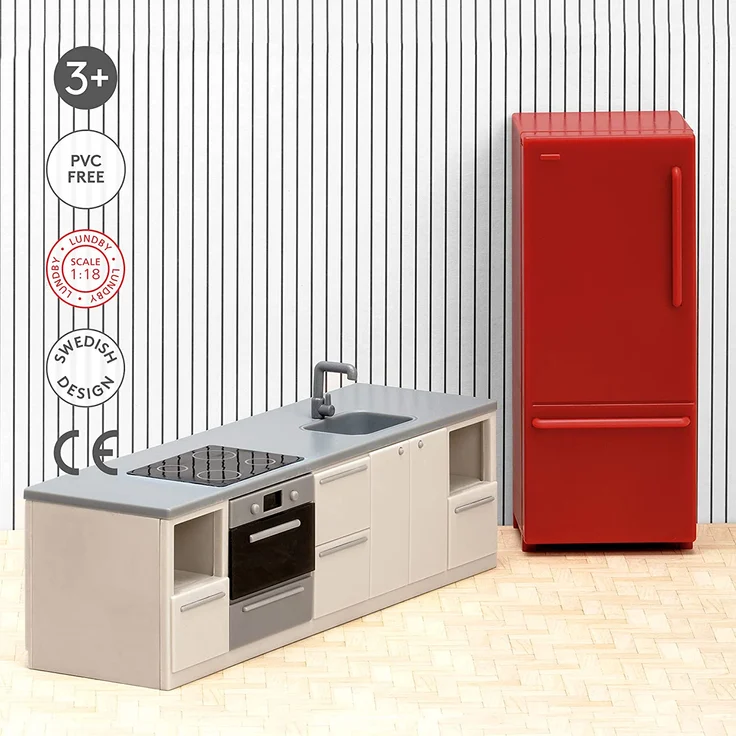 Lundby DIY Puppenhaus Puppenküche Zubehör Set 2-teilig, Miniatur Kühlschrank und Küchenzeile mit Elektrogeräten für Miniatur Haus – 1:18 Miniatur Küche Puppenzubehör Set für 11 cm Puppen – Bild 4