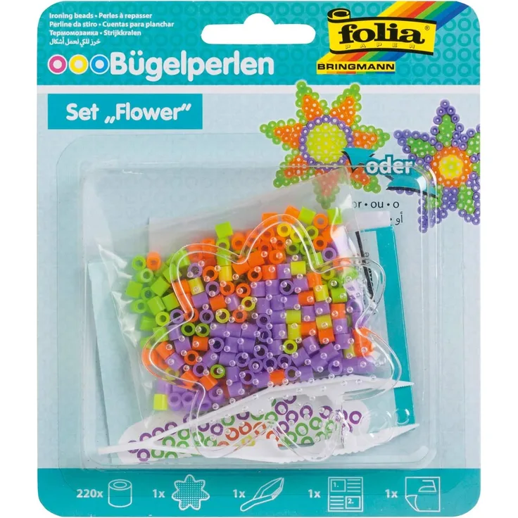 folia 73204 - Bügelperlen Starter Set Fun, mit einer Stiftplatte in Blumenform, 220 Perlen, eine Pinzette, Bügelpapier und eine Anleitung