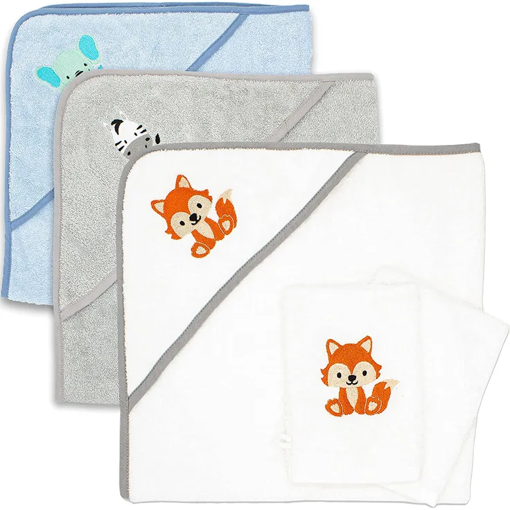 Baby Kapuzenhandtuch 80x80cm aus 100% Baumwolle - Weiches Babyhandtuch mit süßem Tiermotiv bestickt weiß