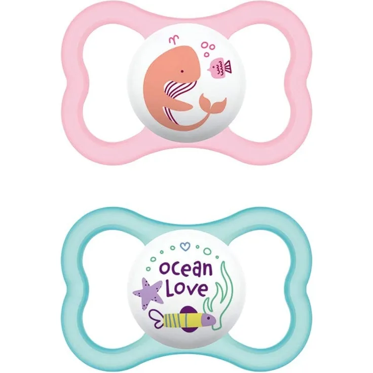 MAM Air Silikon Schnuller im 2er-Set, extra leichtes und luftiges Schilddesign, zahnfreundlicher Baby Schnuller aus speziellem MAM SkinSoft Silikon mit Schnullerbox, 16+ Monate, Wal/Ocean