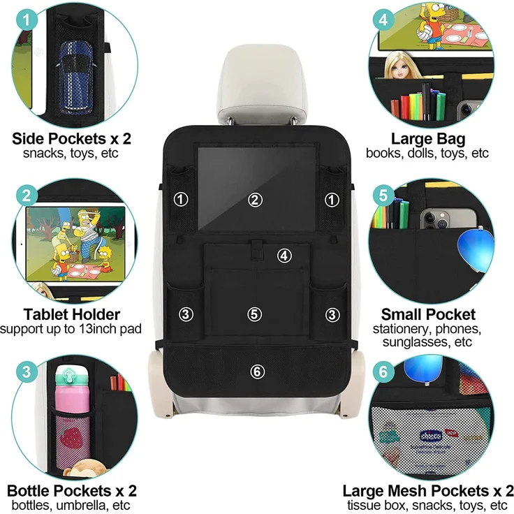 Awroutdoor Autositz-Organizer – 2 Stück Auto-Organizer Rücksitz für bis zu 10,1 iPad, 9 Taschen, Kinderspielzeug-Aufbewahrung, wasserdichter Rücksitzschutz für Kinder, Schwarz – Bild 3