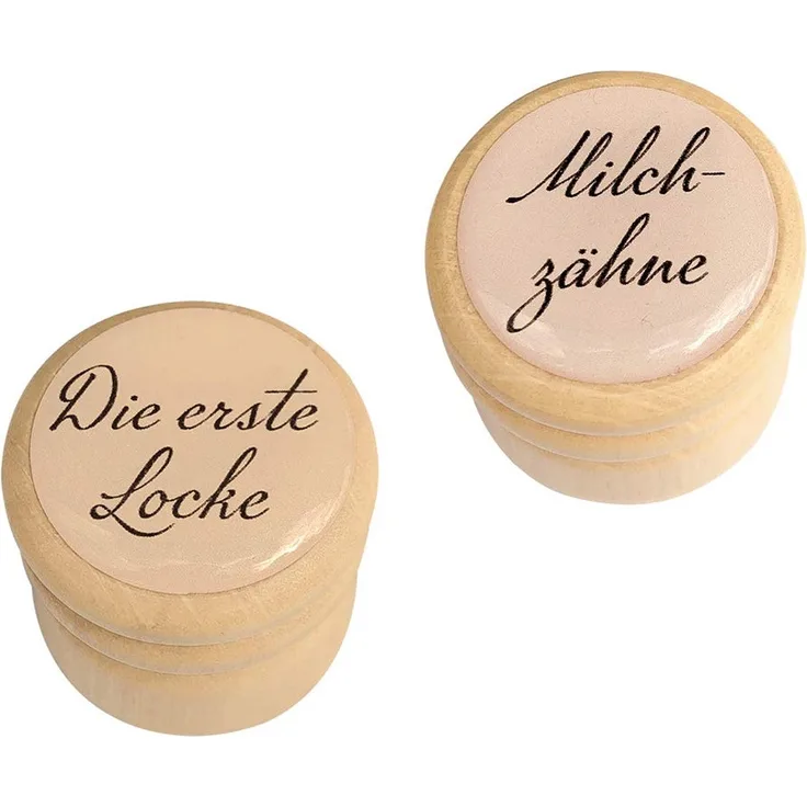 Milchzähne Zahndose und Dose Erste Locke - Bilderdose Milchzahn für Jungen und Mädchen – Klassische Ausführung aus Holz mit Drehverschluss 34 mm (Set) -Made in EU-7021-7022