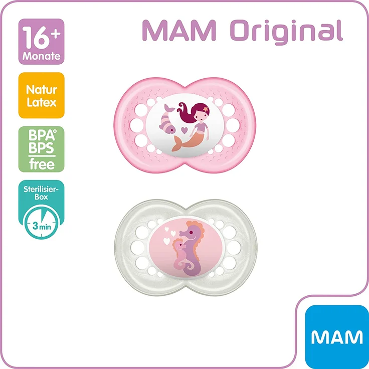 MAM Original Latex Schnuller im 2er-Set, symmetrischer und kiefergerechter Sauger, zahnfreundlicher Baby Schnuller aus Naturkautschuk mit Schnullerbox, 16+ Monate, rosa – Bild 3