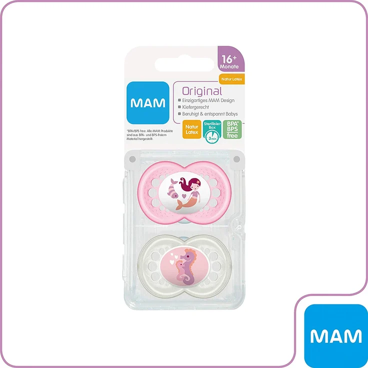 MAM Original Latex Schnuller im 2er-Set, symmetrischer und kiefergerechter Sauger, zahnfreundlicher Baby Schnuller aus Naturkautschuk mit Schnullerbox, 16+ Monate, rosa – Bild 2