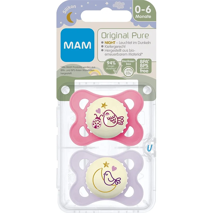 MAM Original Pure Night Schnuller im 2er-Set, leuchtender & zahnfreundlicher Baby Schnuller aus nachhaltigem & bio-erneuerbarem Material, mit Schnullerbox, 0-6 Monate, Motiv: Vogel/Mond – Bild 2