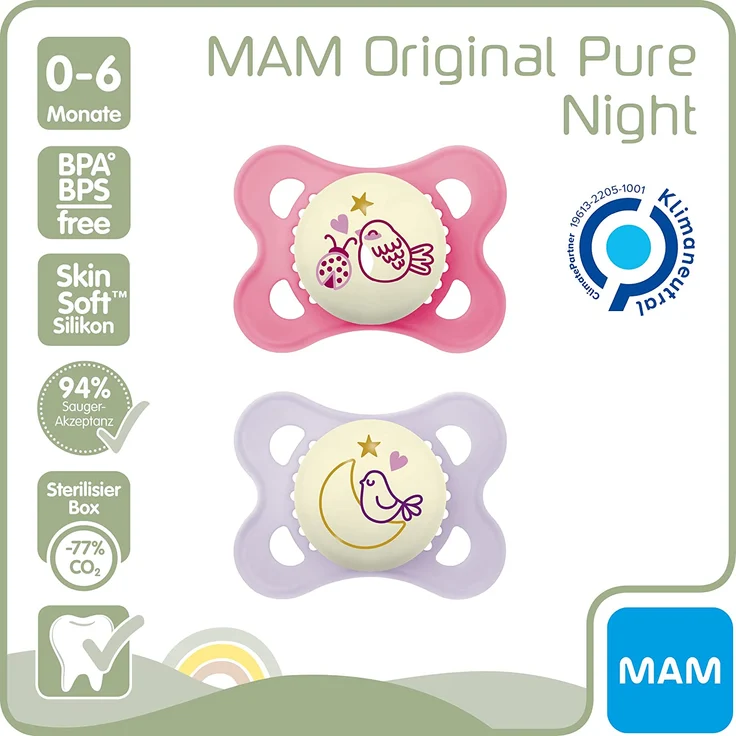 MAM Original Pure Night Schnuller im 2er-Set, leuchtender & zahnfreundlicher Baby Schnuller aus nachhaltigem & bio-erneuerbarem Material, mit Schnullerbox, 0-6 Monate, Motiv: Vogel/Mond – Bild 3
