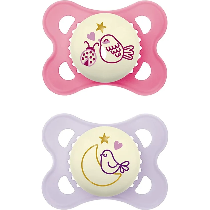 MAM Original Pure Night Schnuller im 2er-Set, leuchtender & zahnfreundlicher Baby Schnuller aus nachhaltigem & bio-erneuerbarem Material, mit Schnullerbox, 0-6 Monate, Motiv: Vogel/Mond – Bild 1