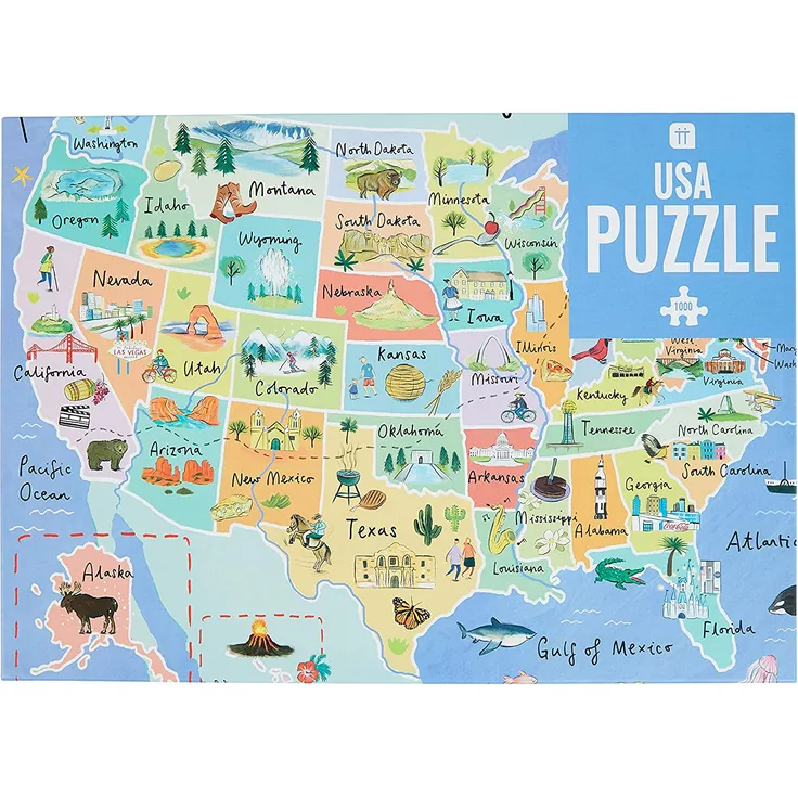 1000-teiliges USA 50 States Kartenrätsel Puzzle & Poster | Illustrated | American Landmarks Travel | Regentag, Aktivitäten zu Hause, Geburtstagsgeschenk