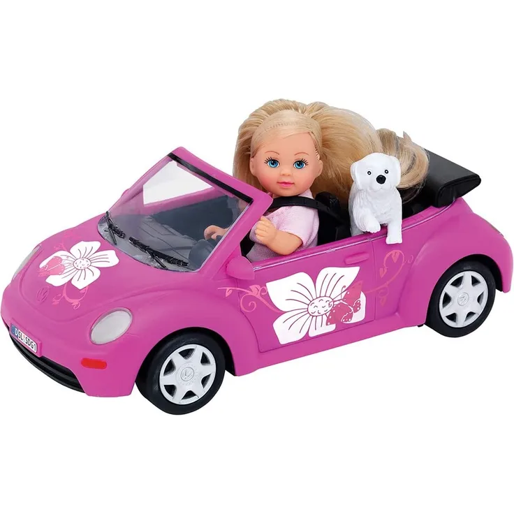 Simba 105731539 - Evi Love Evi's Beetle / Evi mit Auto/ Auto: 22cm / mit Hund / Ankleidepuppe / 12cm, für Kinder ab 3 Jahren