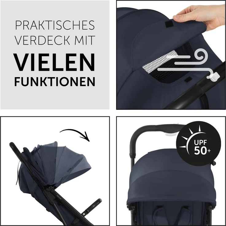 hauck Reise Buggy Travel N Care, für Kinder, bis 25 kg Belastbar, Leicht, Kompakt, Komfortable Sitz-/Liegefunktion, Leichtlaufräder, Federung, UV-Schutz 50+, Einhändig Klein Faltbar, Navy Blau – Bild 3