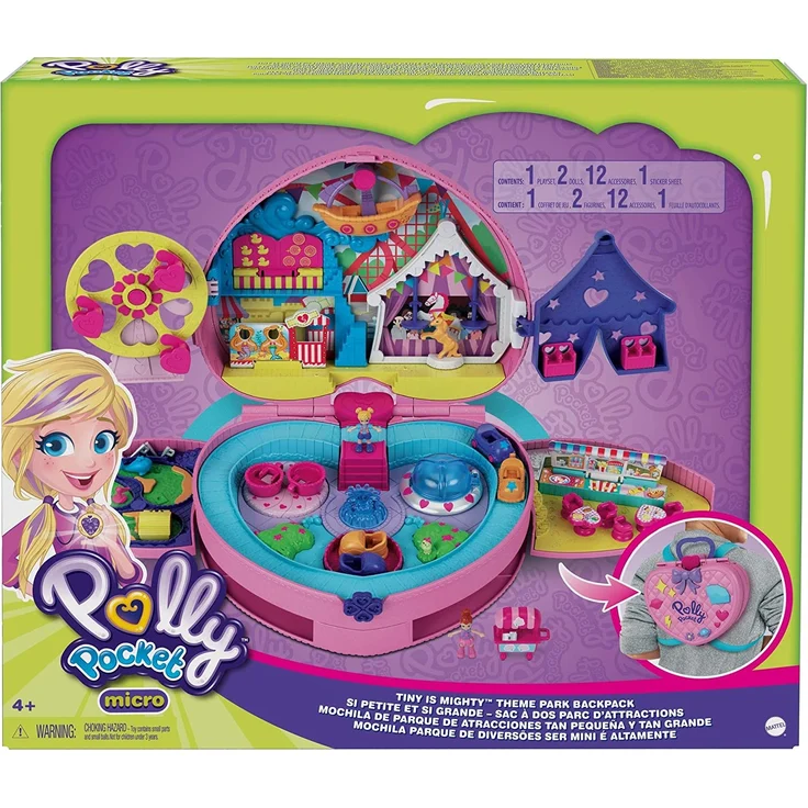 Polly Pocket GYK91 - KLEIN – GANZ GROSS Freizeitpark Rucksack, mit verstellbaren Trägern, 2 kleinen Puppen, einem Eiswagen und Fahrgeschäften, Spielset ab 4 Jahren – Bild 6