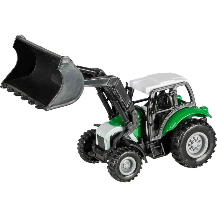 Idena 40292 - Traktor aus Kunststoff mit Rückziehmotor, Anhängerkupplung und abnehmbarem Frontlader, ca. 14 x 9,3 x 7 cm